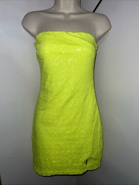 Strapless Neon Yellow Sequin Mini Dress